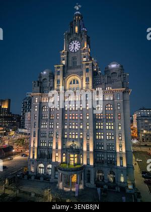 Nighttime photograph of the Royal Liver Building in Liverpool, England, illuminated against the dark sky Stock Photo