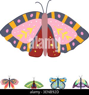 Set of colorful decorative moths and butterflies with unique patterns and abstract shapes, perfect for design elements, nature themes, or bohemian ins Stock Vector
