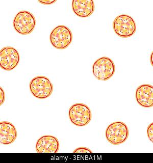 pattern round pizza displaying classic italian flavors, featuring sliced mushrooms and diced ham on a cheesy base with tomato sauce and a golden crust Stock Vector