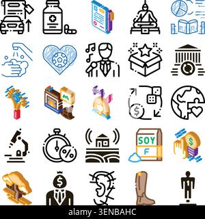 Collection of isometric and line icons illustrating services and conceptstransport, health, finance, education, tech, environment and social themes on Stock Vector