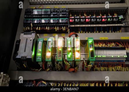 Programmable logic controller system with communication modules operating in normal status inside electric cabinet Stock Photo