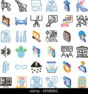 Collection of doodle style isometric and line icons illustrating business, tech, healthcare, finance, environment and social media concepts for digita Stock Vector