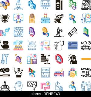 Collection of diverse linear icons representing numerous concepts including business, technology, finance, health, medicine, security, delivery, and p Stock Vector