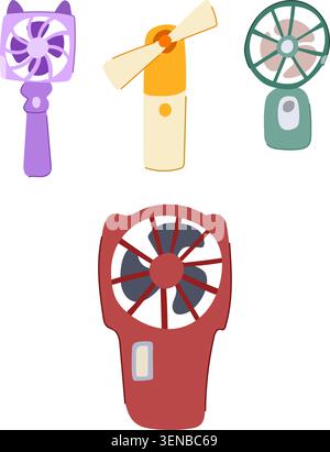 Various designs of compact battery powered cooling devices providing personal air circulation, perfect for staying cool and refreshed during warm weat Stock Vector