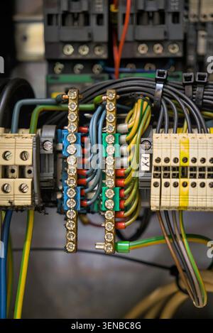 Industrial control panel wiring with terminal blocks and copper busbars Stock Photo