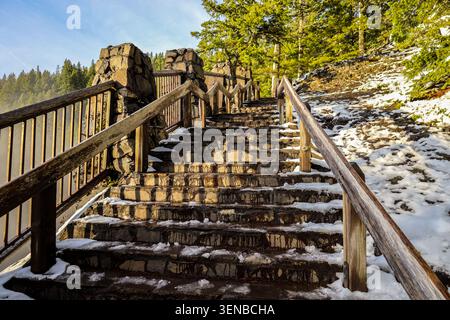 A Winter Trail of Melting Snow on a Stone Staircase at Salt Creek Falls Stock Photo