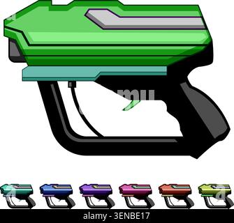 Futuristic toy blaster for kids, colorful sci fi play weapon for laser tag and pretend combat, plastic gadget with trigger and handle for active, comp Stock Vector