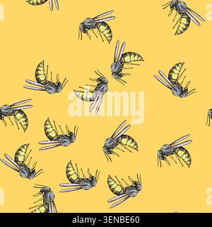 pattern Wasp drawing illustrating a detailed insect with striped body structure and delicate wings, representing pollination, pest control, and summer Stock Vector