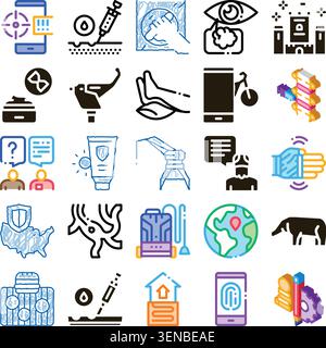 Set of diverse vector icons representing technology, security, health, environment, construction and smart home solutions, including medical, biometri Stock Vector