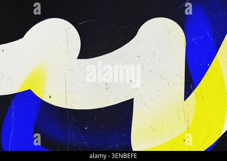 Abstract colorful geometric background with wavy liquid shapes in blue yellow and white with vintage grunge texture Stock Photo