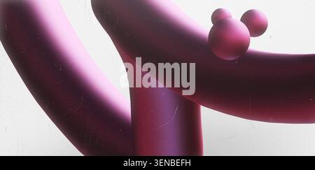Abstract 3D render of smooth purple magenta wavy tube and spheres with retro grainy texture Stock Photo
