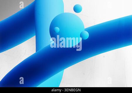 Bright blue 3D abstract tubes and floating spheres against a textured grey background Stock Photo