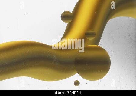 Abstract golden 3d liquid wave and floating spheres on a light grey background with vintage film grain and scratches Stock Photo