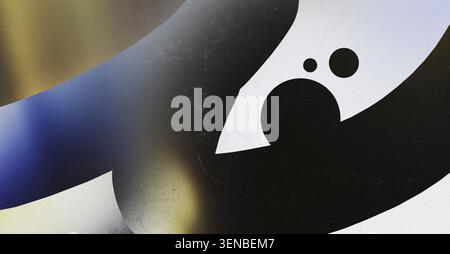 Abstract geometric composition with bold shapes in black white blue and gold with grainy texture Stock Photo