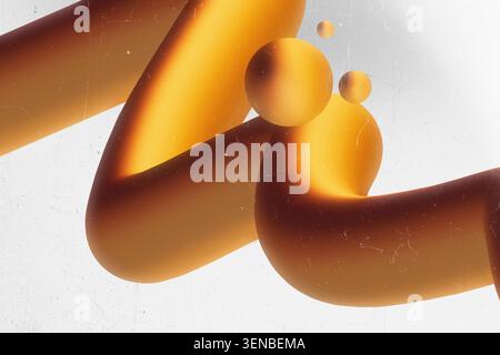 3D abstract curvy tube with orange and brown gradients and floating spheres on light background Stock Photo