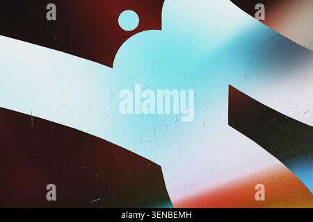 Abstract geometric art with intersecting shapes in teal red black and white with noise texture Stock Photo