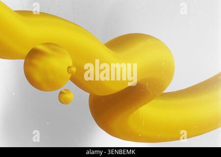 3D abstract fluid motion shape in yellow and gold gradient with spheres on white background Stock Photo