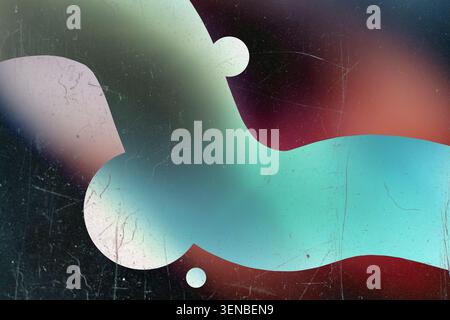 Abstract colorful fluid shapes with vintage film grain and scratch overlay Stock Photo