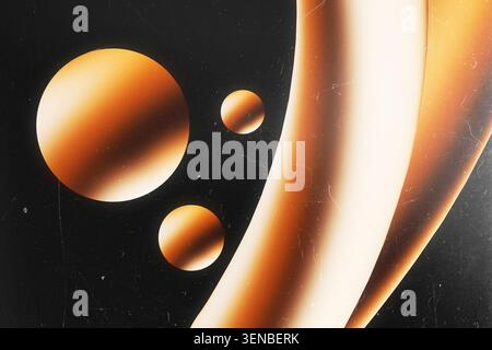 Abstract 3D composition with glowing orange spheres and curved geometric waves over dark vintage background with film scratches Stock Photo