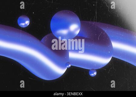 Glowing blue 3D abstract fluid shapes with spheres floating on dark black grunge background Stock Photo