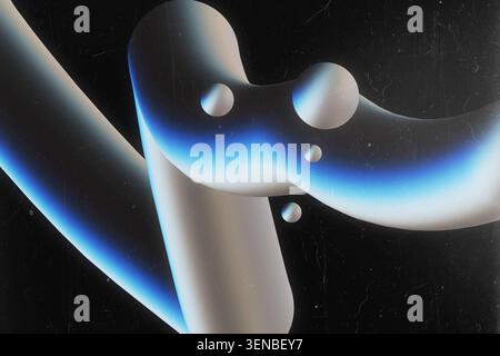 Elegant white 3D abstract fluid ribbon with blue glow and floating spheres on black background Stock Photo