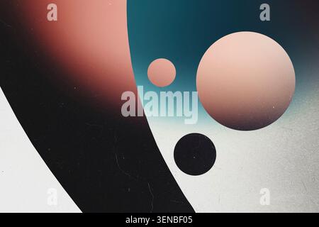 Abstract Space Composition with Geometric Circles and Teal Pink Color Palette on Dark Background Stock Photo