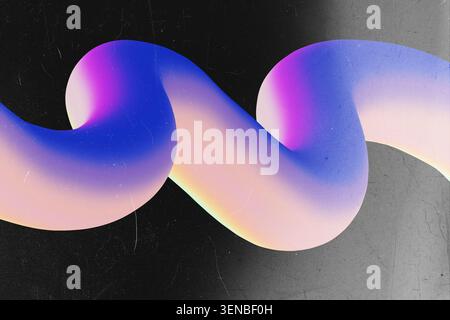 Abstract 3D Fluid Wave Shape with Holographic Purple Pink Gradient on Dark Background Stock Photo