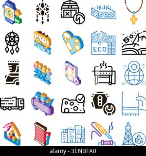Large collection of detailed icons representing various concepts, including financial transactions, spiritual symbols, ecology, agriculture, logistics Stock Vector