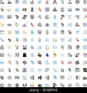 Large grid of modern mixed line and color vector icons showing business, technology, health, communication and lifestyle concepts for web, apps, infog Stock Vector