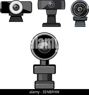 Web camera devices representing modern digital technology for video conferencing, live streaming, remote communication, and recording, creating an ess Stock Vector
