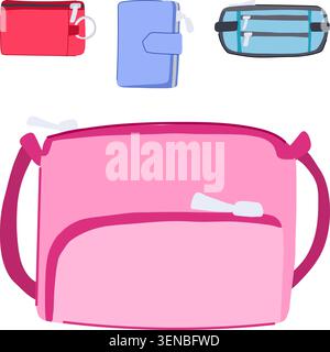 Colorful travel bags and pouches in flat vector style, ideal for organizing essentials and toiletries with compartments, zippers and compact storage f Stock Vector