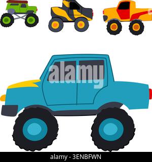 Colorful monster trucks and a large pickup truck illustration with oversized tires, conveying kids play, adventure and extreme off road action on a wh Stock Vector