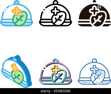 Restaurant Equipment Salver Dish Vector Sign Icon Thin Line. Glossy Ceramic Salver Dish With Cover Over, Plus And Leaf Linear Pictogram. Plate set For Stock Vector