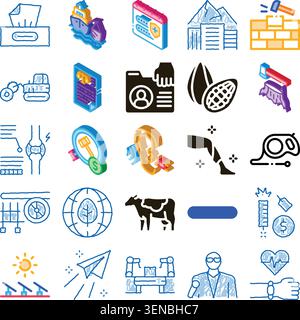 Set of various business, technology, finance, nature, and medical doodle icons representing different concepts in a colorful illustrative style, ideal Stock Vector