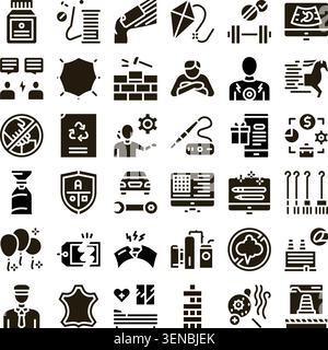 Collection of health, business, management, technology, and services related pictograms featuring modern glyphs representing various concepts and prof Stock Vector