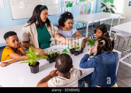 Female teacher with elementary students teaching hands-on plant lesson in class with seedling trays Stock Photo