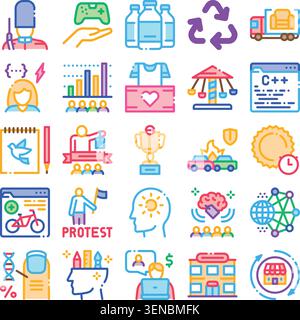 Collection of colorful linear vector icons on white background depicting diverse conceptsbusiness, tech, social issues, gaming, environment, creativit Stock Vector