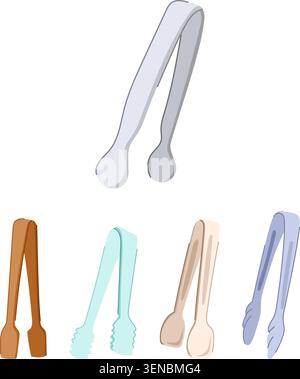 Collection of stylized kitchen tongs in various colors and designs, providing essential tools for serving small items like sugar or ice in a clean, hy Stock Vector