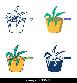 Soil loosening for a home plant icon set. Hand rake use in a pot. Vector illustration Stock Vector