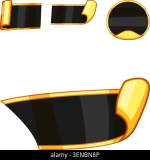 Golden black labels, banners, and circular elements featuring shiny curled edges provide sleek, luxurious, and elegant graphic user interface assets a Stock Vector