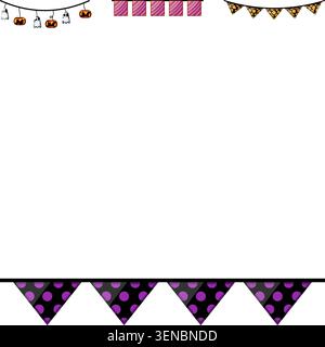 Numerous festive garlands and decorative banners are arranged, featuring spooky halloween elements like carved pumpkins and ghosts alongside colorful Stock Vector
