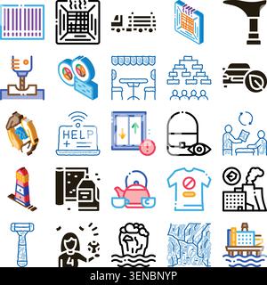 Collection of colorful isometric icons representing various business sectors, industrial processes, transportation, sustainable energy, personal servi Stock Vector