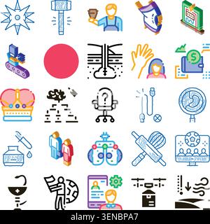 Variety of colorful and outlined icons representing different abstract concepts, services, and industries, including construction, exploration, financ Stock Vector