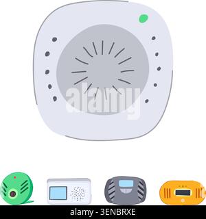 Array of digital air quality monitors and sensors detecting pollutants like co and smoke, displaying real time indoor environmental data for safer, he Stock Vector