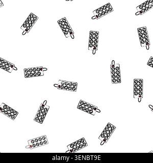 pattern White power strip with multiple outlets, red onoff switch and cord for charging and distributing electricity to devices in home or office, clo Stock Vector