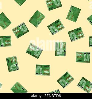 seamless pattern microcontroller circuit board cartoon. soldering resistor, capacitor transistor, trace layout microcontroller circuit board sign vect Stock Vector