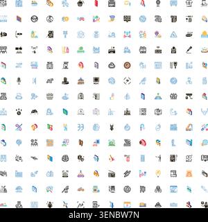 Large grid of mixed outline and flat vector icons spanning business, technology, health, nature, travel, finance, social media, cloud, ai, security, t Stock Vector