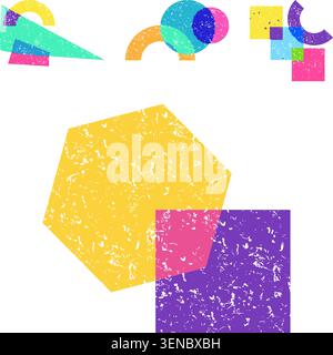 Abstract artwork featuring a vibrant arrangement of overlapping geometric forms like circles, squares, and hexagons, creating a dynamic design with a Stock Vector