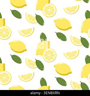 Seamless pattern of whole lemons, slices, halves, and green leaves scattered on white background, fresh and vibrant citrus design Stock Vector
