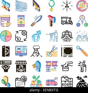 Set of colorful and outline vector illustrations depicting different industries, services, and abstract ideas, including business, technology, nature, Stock Vector